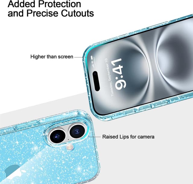 Detalle 2 de AROYI 3 in 1 Clear Glitter Case for iPhone 16 (6.1") with 2x Tempered Glass Screen Protectors, Blue