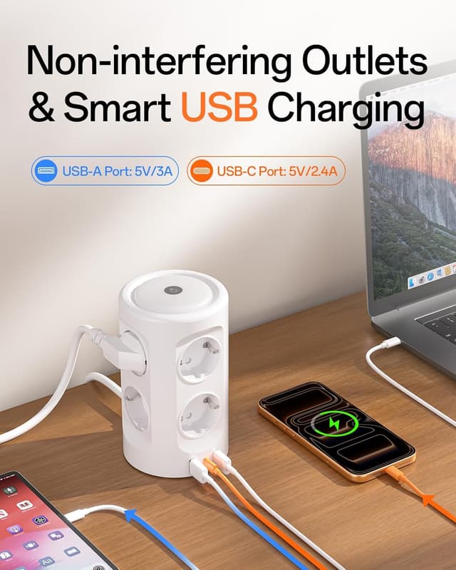 Detalle 2 de KEMELO 8-fach Mehrfachsteckdose mit Nachtlicht und USB‑C, Überspannungsschutz, Schalter & 2‑m-Kabel (3600 W)