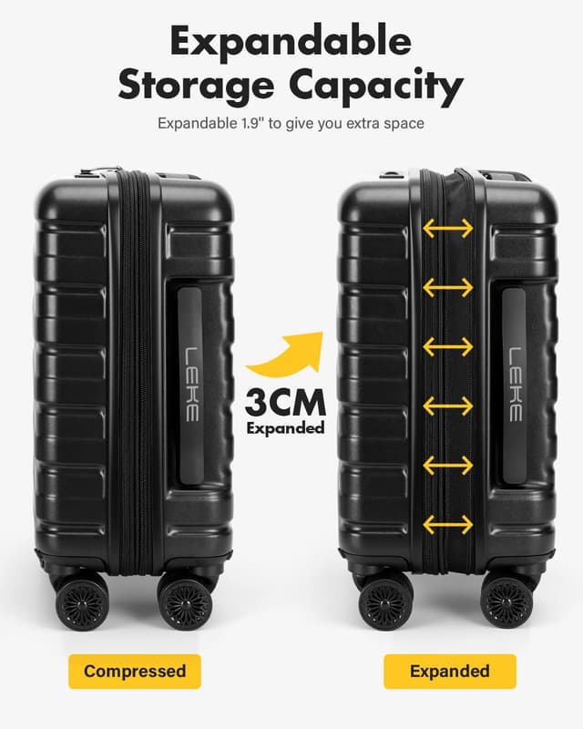 Detalle de Lekesky EasyJet cabin suitcase 45x36x20cm with TSA lock, expandable ABS hard shell and detachable 360° spinner wheels (Black)