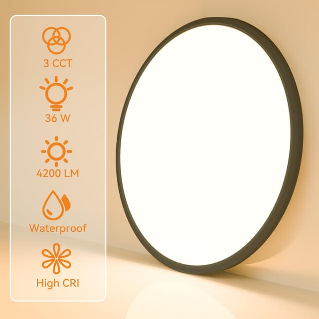 Detalle de slochi LED-Deckenleuchte flach 36W, Ø40 cm, 3-Farb-Modus (3000K/4000K/6500K) – IP44 für Bad & Küche, Schwarz