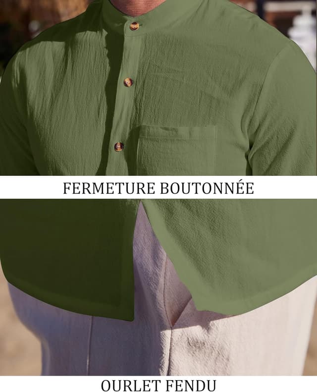 Detalle de YAOBAOLE Chemise en lin et coton pour homme à manches courtes, boutons et col mao