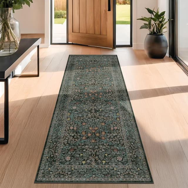 Detalle de Hazo Haus Non Slip 2x6 Kitchen Runner Rug (Washable, Rubber Back) – Boho Vintage Floral Botanical, Dark Green