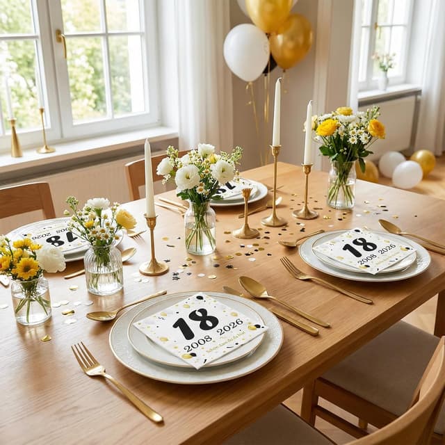 Detalle 2 de 50 Stück Servietten zum 18. Geburtstag (2008–2026) Schwarz-Gold mit „Schön dass du da bist“