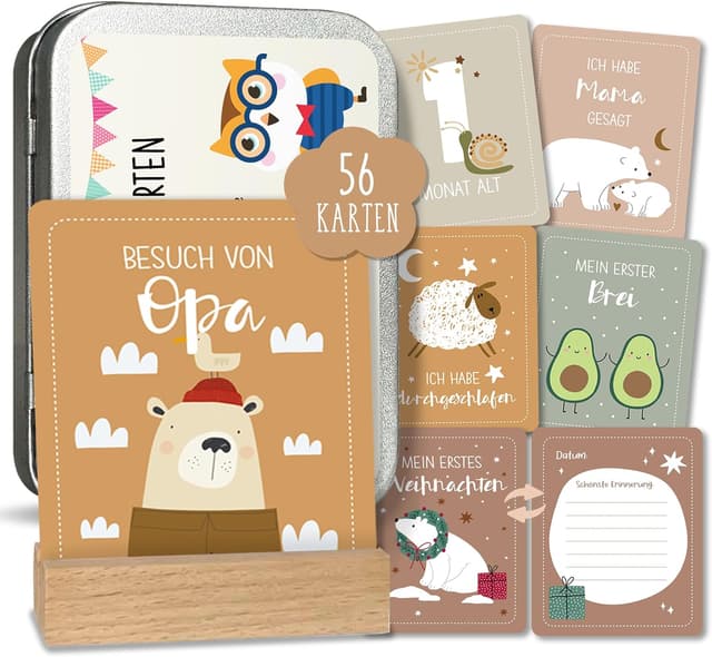 Detalle de BIROYAL 56 Meilensteinkarten für Baby (Monatskarten 1–12 Monate) mit Holzsockel & Metallbox