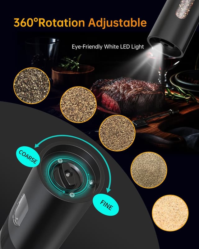 Detalle de CIRCLE JOY Elektrische Salz- und Pfeffermühle Set mit Sockel, wiederaufladbar, einstellbarer Grobheit und LED-Licht (schwarz, 110 ml)