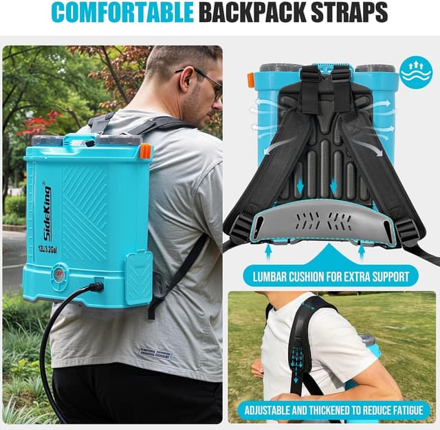 Detalle de SideKing Knapsack Sprayer 12L (Electric) with Makita 18V compatibility, telescopic wand, 5 nozzles, 80 PSI