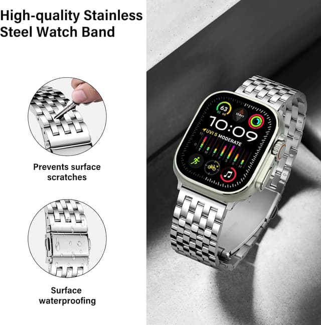Detalle de Tasikar stainless steel metal watch strap for Apple Watch (42mm/41mm/40mm/38mm) – Silver