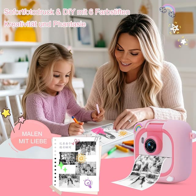 Detalle de ARNSSIEN Sofortbildkamera Kinder mit 180°-Klappobjektiv (2,4" 1080P) – M2 Rosa Einhorn