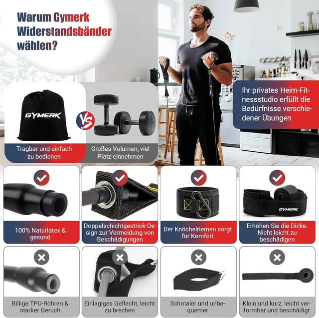 Detalle de GYMERK Resistance Bands Set (5 Widerstandsstufen) mit Gummigriffen, Knöchelriemen & Türanker