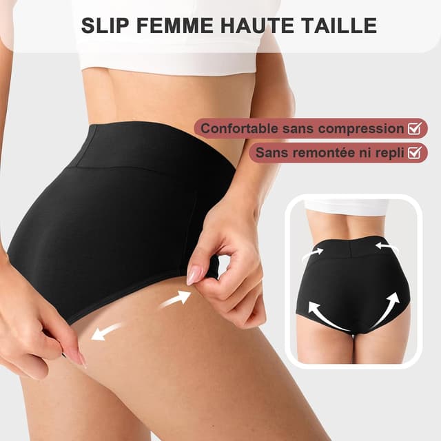 Detalle de QINCAO Culottes femme taille haute en coton (pack de 6) – ceinture élastique double couche, sans étiquette