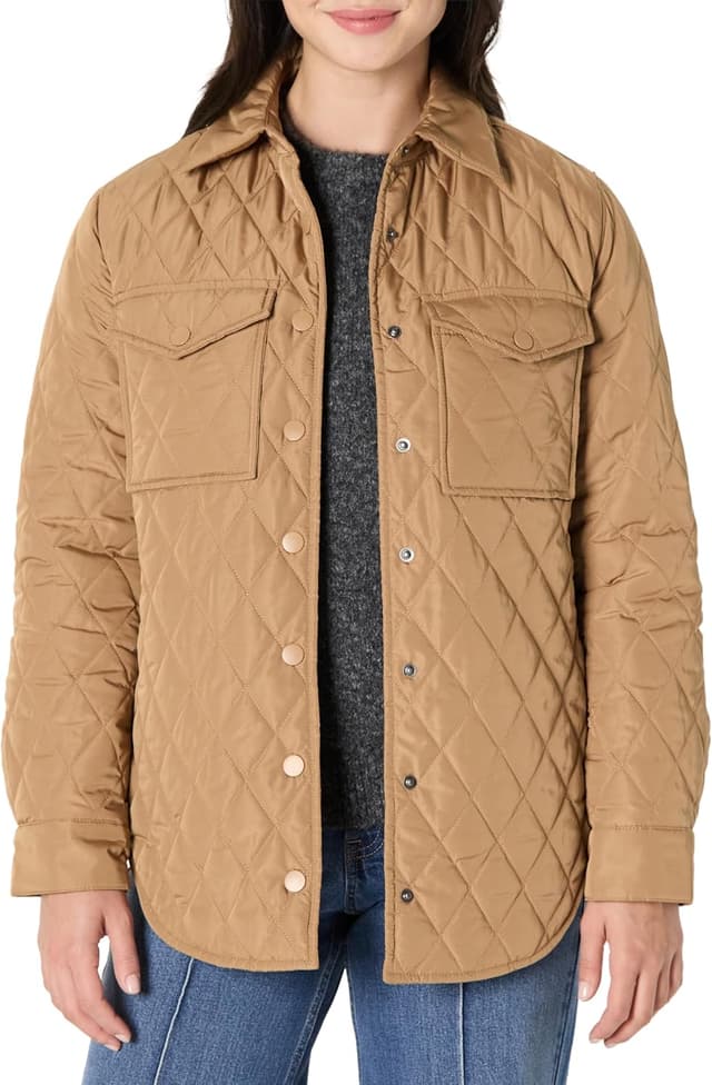 Detalle de Amazon Essentials Damen Lange Relaxed-Fit-Steppjacke mit Druckknöpfen