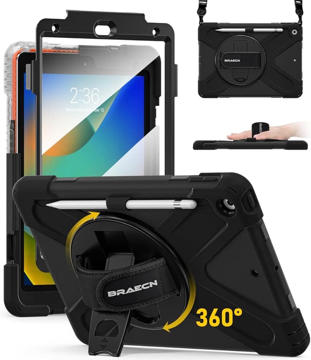 Detalle de Étui BRAECN pour iPad 9e/8e/7e génération (10,2 pouces) avec protection d’écran, support 360° et dragonne
