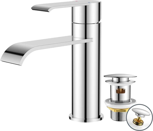 Detalle de FORIOUS Bad-Wasserhahn mit Ablaufgarnitur & Einhebelmischer (schwarz) – Waschtischarmatur für wassersparenden Wasserfallfluss