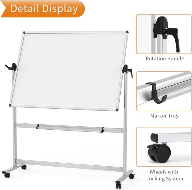 Detalle 2 de VIZ-PRO Double-Sided Magnetic Revolving Mobile Whiteboard (120 x 90cm) with Aluminium Frame & Stand