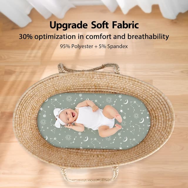 Detalle 2 de Unnivoll Moses Basket Sheets 3 Pack (Super Soft & Breathable) – Fitted Pram Sheet Set, Gray Green Constellation