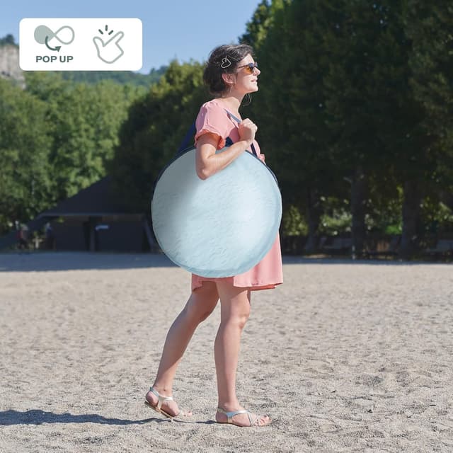 Detalle de Babymoov Tente Anti-UV Bébé Haute Protection FPS 50+ avec moustiquaire intégrée (pop-up) – Grande tente de plage Blue Waves