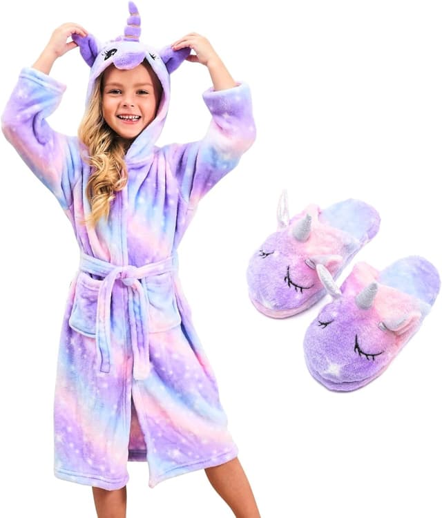 Detalle de Piefry girls’ unicorn dressing gown set with hood, belt and slippers