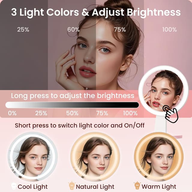 Detalle de FZIFZI Makeup Mirror with Lights (10X/1X) – Rechargeable LED Magnifying Vanity Mirror, Pink