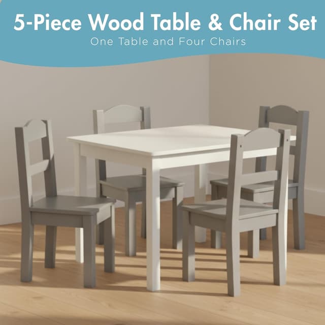 Detalle de Humble Crew Set tavolo quadrato e 4 sedie in legno per bambini (bianco/grigio)