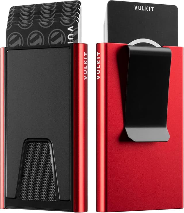 Detalle de VULKIT Slim Card Wallet with Money Clip (Aluminium Pop-Up) – Red RFID Blocking