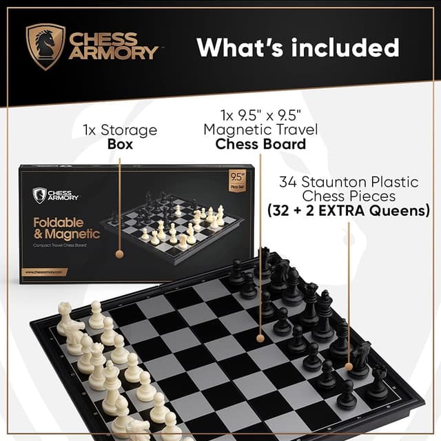Detalle de Chess Armory Magnetic 9.5-Inch Travel Chess Set with Folding Board, Storage Box & 2 Extra Queens