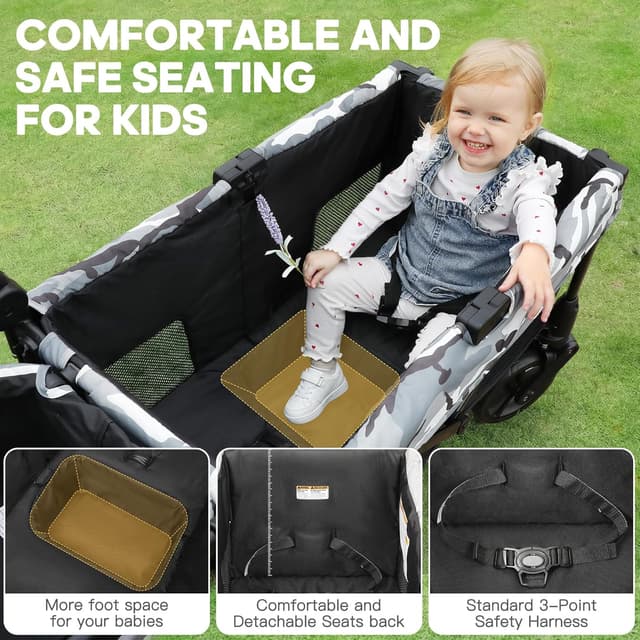 Detalle de ELEMARA All-Terrain Stroller Wagon for 2 Kids (Foldable, Push/Pull Handle, Canopy & Mosquito Net) — Black+White