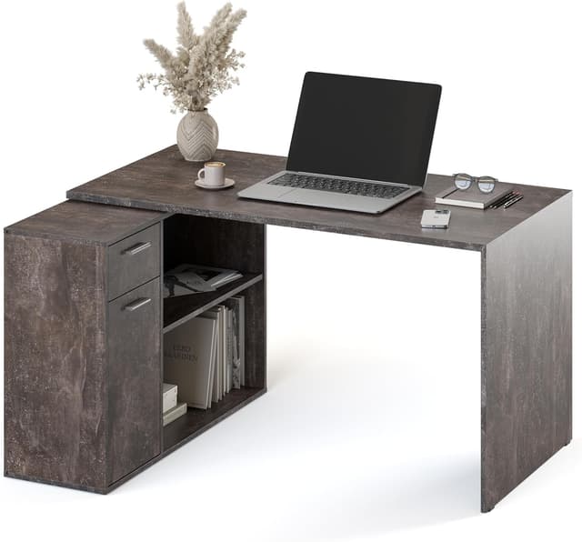 Detalle de RICOO Eckschreibtisch mit Stauraum in Betonoptik (WM083-BG) – L-Form mit Schubladen, 136×101×75 cm