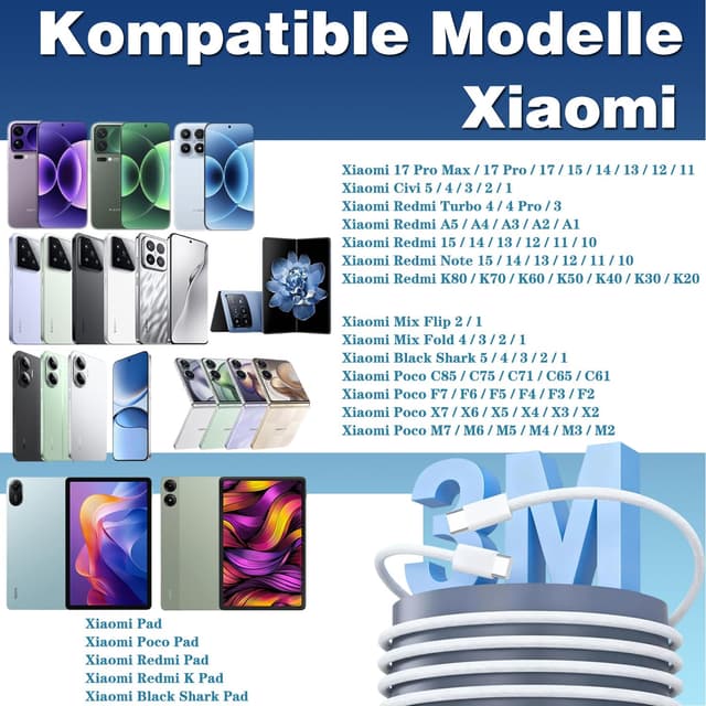 Detalle de USB‑C Kabel 3 m: Xiaomi Schnellladekabel USB‑C auf USB‑C (PD/QC/PPS, bis 60 W)