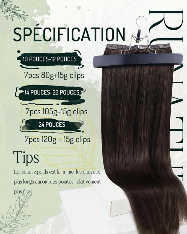 Detalle de RUNATURE Extension à clip cheveux naturels marron #4 – 7 pièces, 30 cm