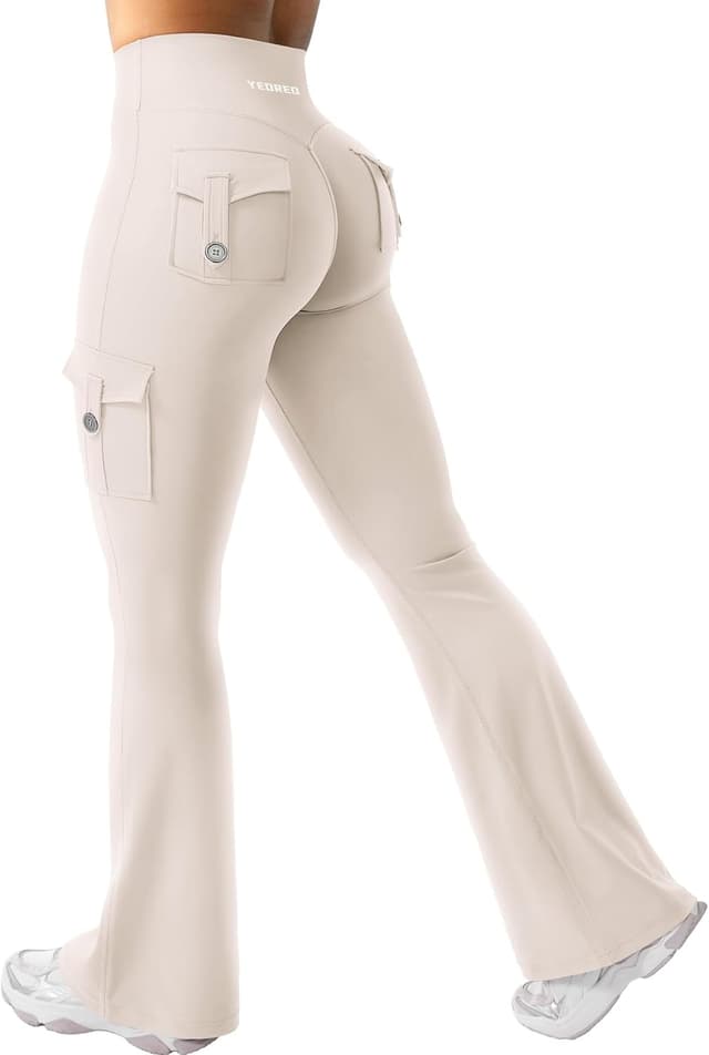 Detalle de YEOREO CoreFlex Damen Flare Leggings mit 4 Taschen, Invisible Scrunch & High Waist – blickdicht für Yoga, Gym und Workout
