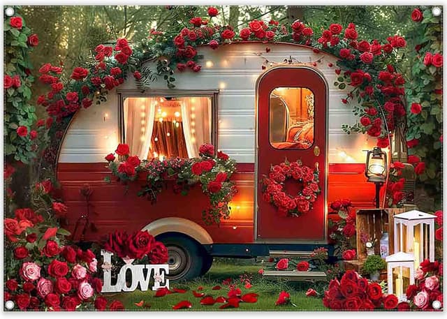 Detalle de Luminora Fabric Happy Valentine’s Day Photography Backdrop (7x5ft, red romantic car & rose forest)