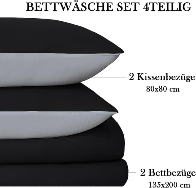 Detalle 2 de Nesture Bettwäsche 135x200 (4-teilig) Schwarz/Grau aus Microfaser, wendbar & bügelfrei