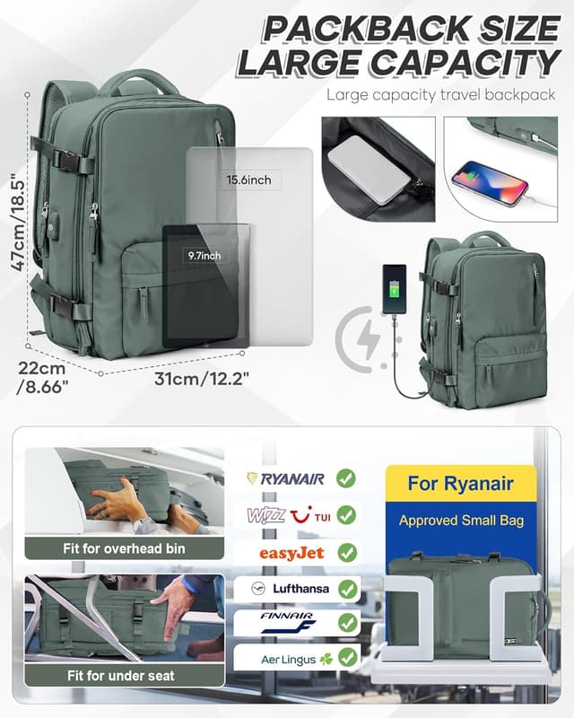 Detalle de BJLFS Zaino da viaggio Ryanair 40x30x20 (sottovuoto con pompa) con scomparto laptop e tasca umido-asciutto