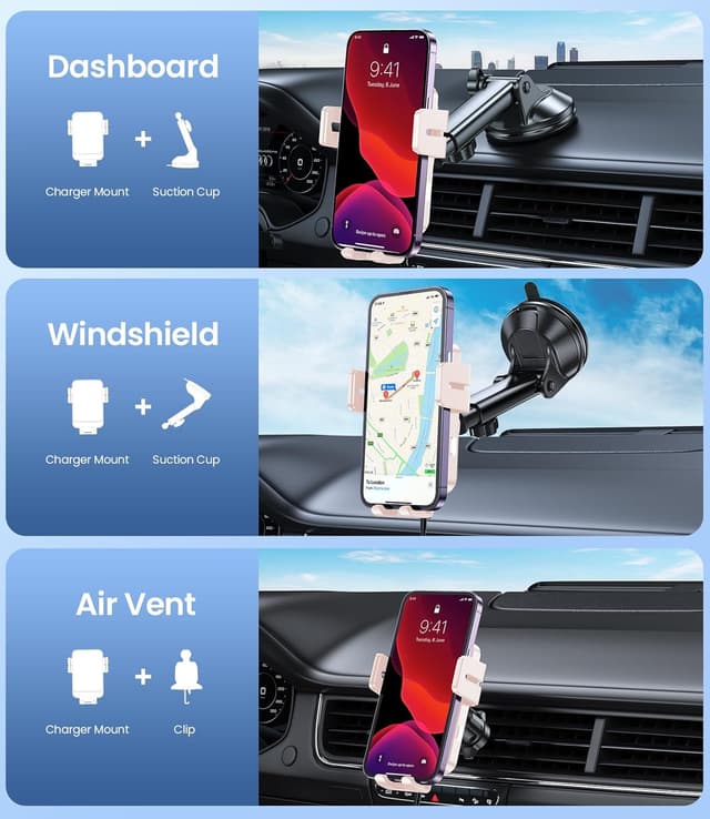 Detalle 2 de Handyhalterung Auto mit Ladefunktion (15W) – MOKPR Induktives Qi-Laden inklusive Kfz-Ladegerät, 360°-Halter (Rosa)