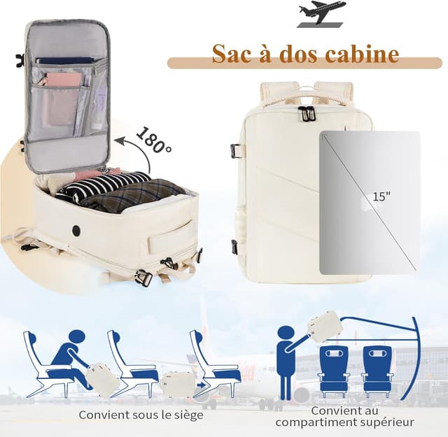 Detalle de Gluckstar sac à dos de voyage cabine 40x20x25 pour Ryanair (40x20x25, beige) avec compartiment ordinateur jusqu’à 14 pouces