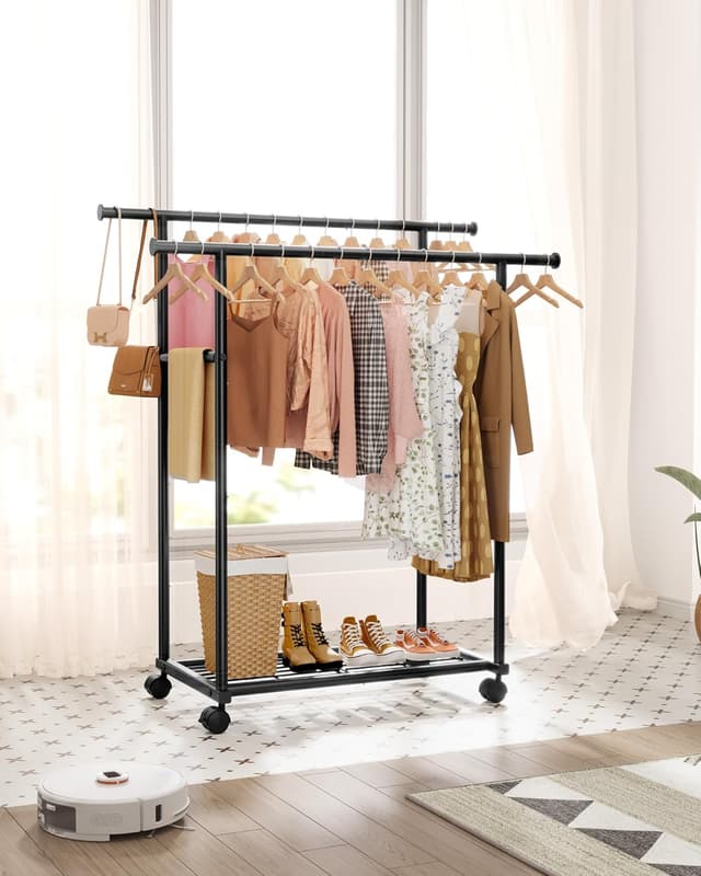 Thumbnail 6 de Sakugi double-rod clothes rail with fixed extension rod, mesh shelf and universal wheels (98cm x 42cm x 150cm) - Black