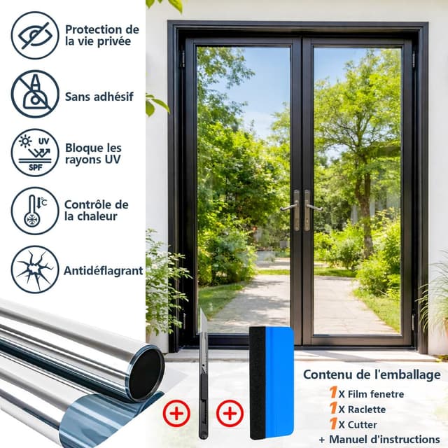 Detalle 2 de Film fenêtre Zindoo Anti-UV et anti-regard effet miroir électrostatique 44,5 x 200 cm