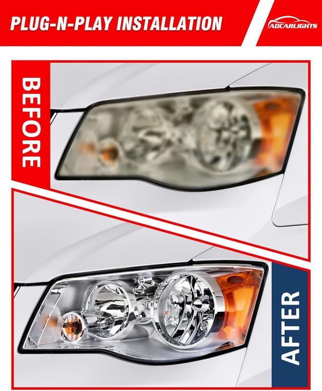 Detalle de ADCARLIGHTS OE-style Headlights for 2011–2018 Dodge Grand Caravan and 2008–2016 Chrysler Town & Country (Chrome Housing, Amber Reflector)