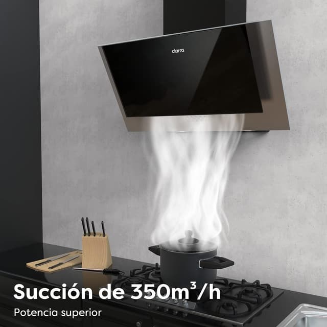 Thumbnail 1 de CIARRA Campana Extractora 60cm Extractor Cocina Clase A++ 350m³/h 3 Velocidades Potencia Recirculación Interna por Filtro de Carbono de Bajo Consumo Cristal y Acero inoxidable CBCB6736C