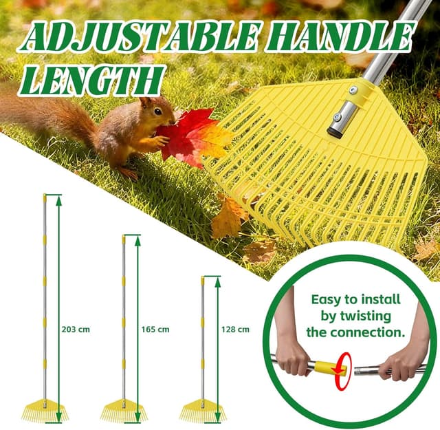 Detalle de Garden Rake Extra Wide 42 cm Leaf Rake with 23 Flexible Tines and Adjustable 203 cm Handle (Yellow)