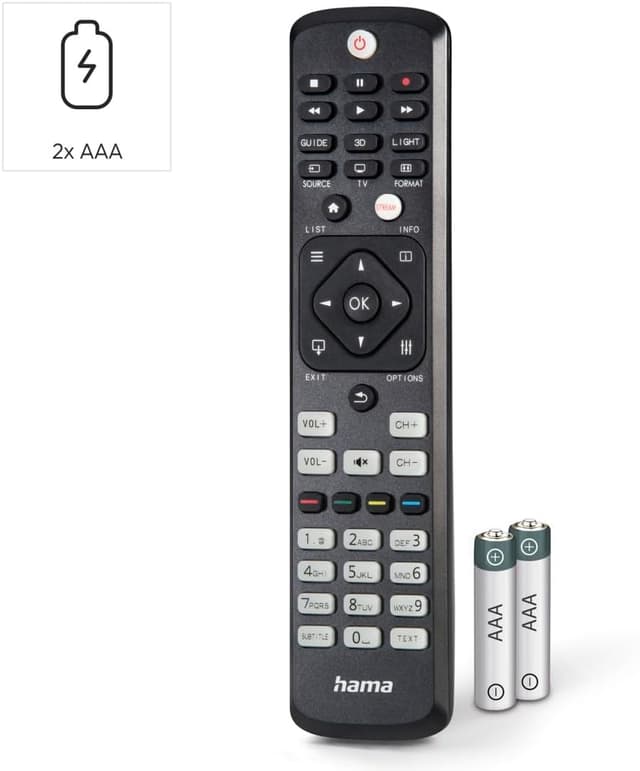 Detalle de Hama lernfähige Universal-Fernbedienung für Philips TVs, Infrarot, selbstleuchtende Tasten, Easy Mode & 10 m Reichweite (schwarz)