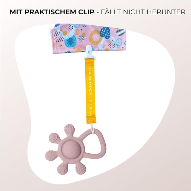 Detalle de Traummkind Beißring Baby mit Rassel & Clip – BPA-freies Silikon-Greifling zur Zahnung ab 3 Monaten