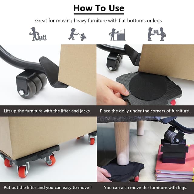 Detalle 2 de ONEON Furniture Movers with Wheels & Lifter Set – 300 kg Capacity Dolly, Extendable Lifter & Jacks