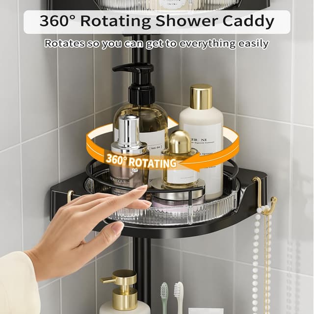 Detalle de shuang qing 360° Rotating Corner Shower Caddy Tension Pole Organizer (4-Tier Adjustable, Black)