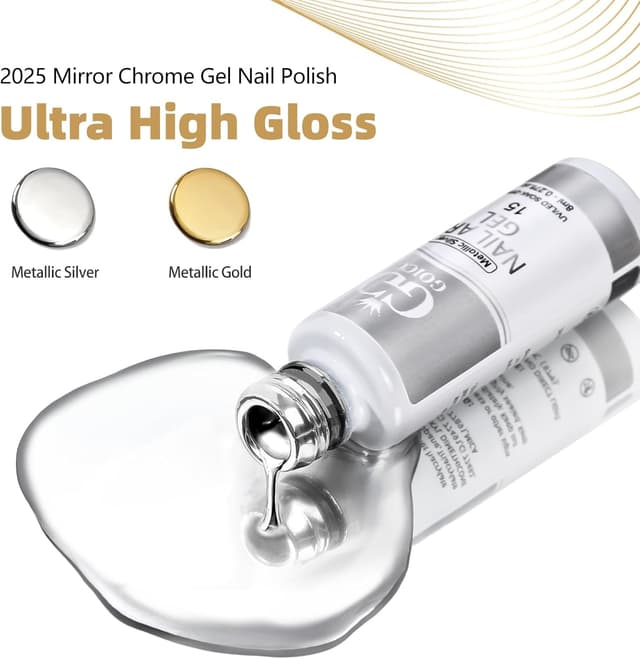 Detalle 2 de GOICC 2 smalti gel cromati argento e oro metallizzato per nail art 3D effetto specchio, con pennello sottile (richiede 8 ml)