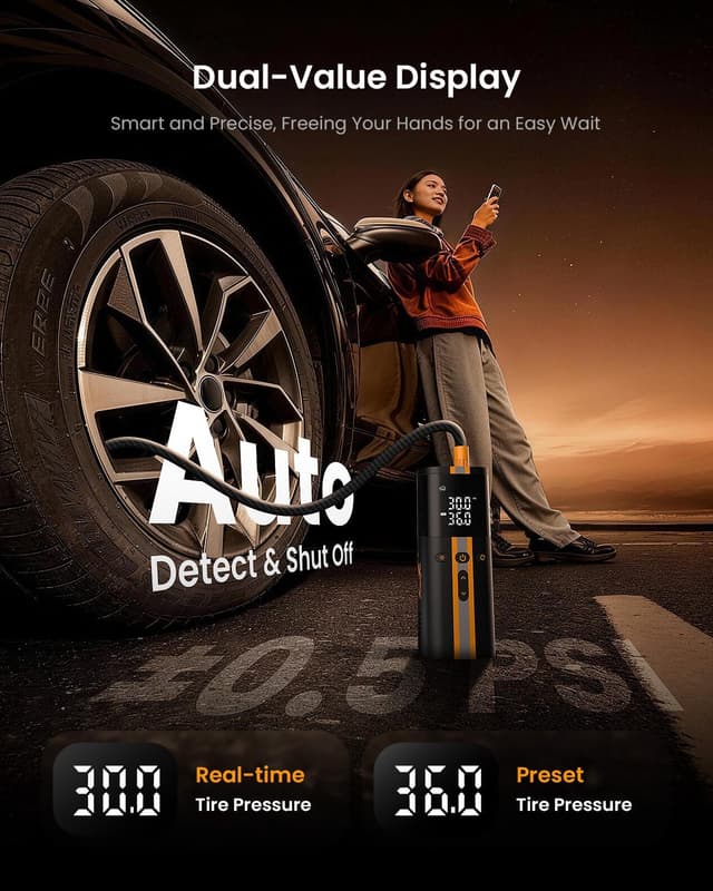 Detalle de TowerTop 12V DC & cordless tyre inflator compressor 150 PSI with dual power, 4 preset modes and LED