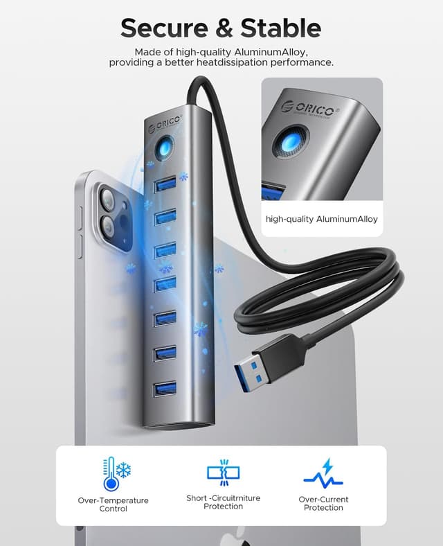 Detalle de ORICO 7-Port USB 3.0 Hub (Aluminium) with 100 cm USB Cable, up to 5Gbps data