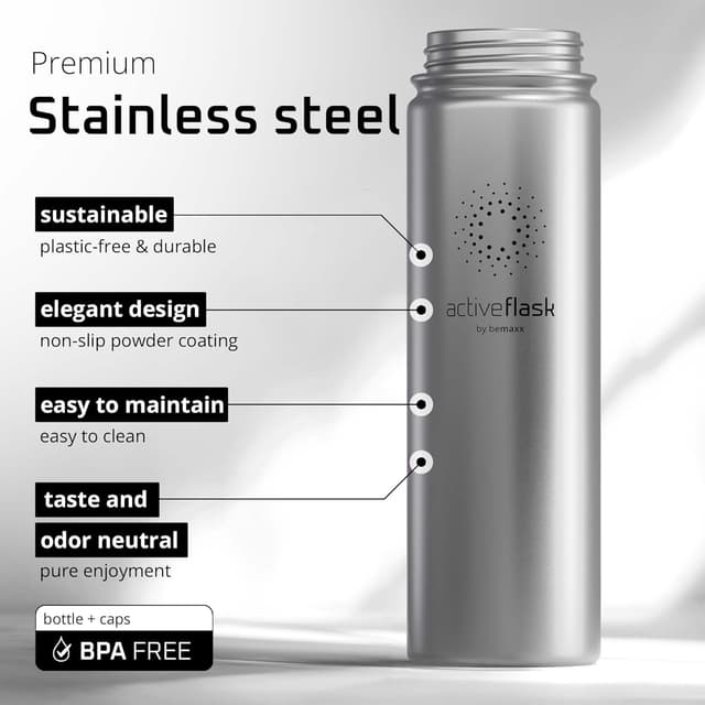 Detalle de Stainless Steel Water Bottle with Straw & 3 Lids (ACTIVE FLASK) – Leak-Proof, Vacuum Insulated Hot & Cold