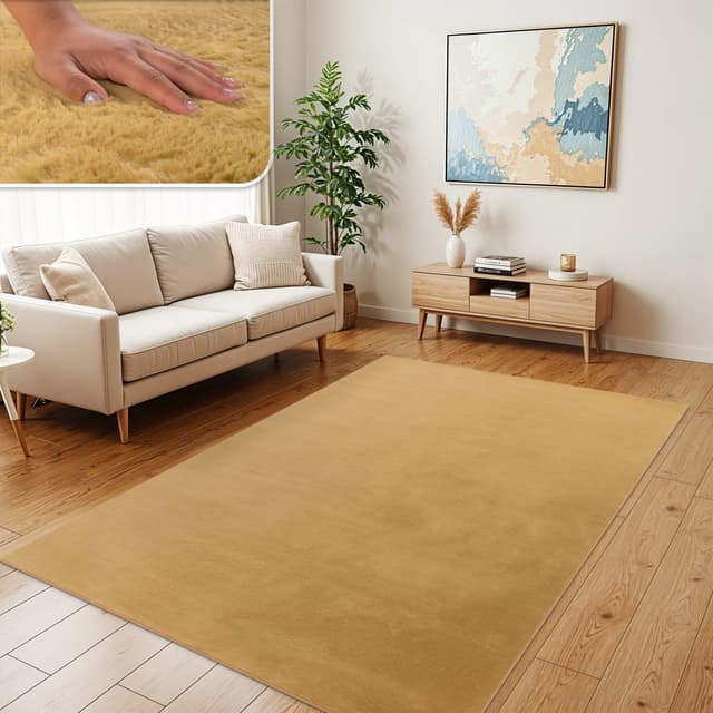 Detalle de TT Home Shaggy Tapis haut-poil peluche 140x200 cm beige 100% polyester