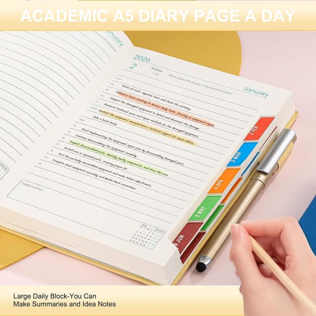 Detalle de 2026 A5 Day-per-Page Diary (Jan–Dec 2026) with Pen Loop, Monthly Tabs and Inner Pocket
